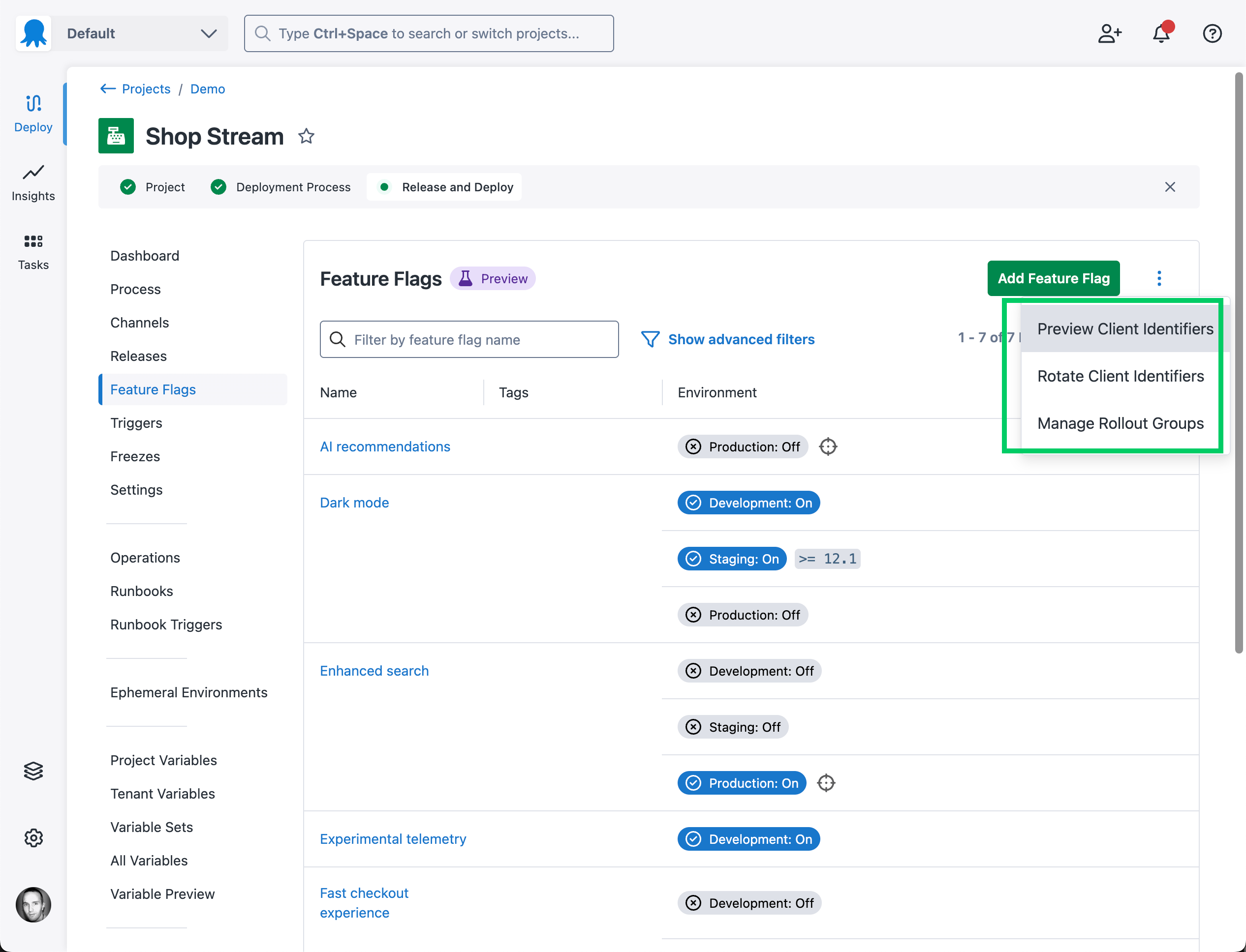 Client identifier preview menu item