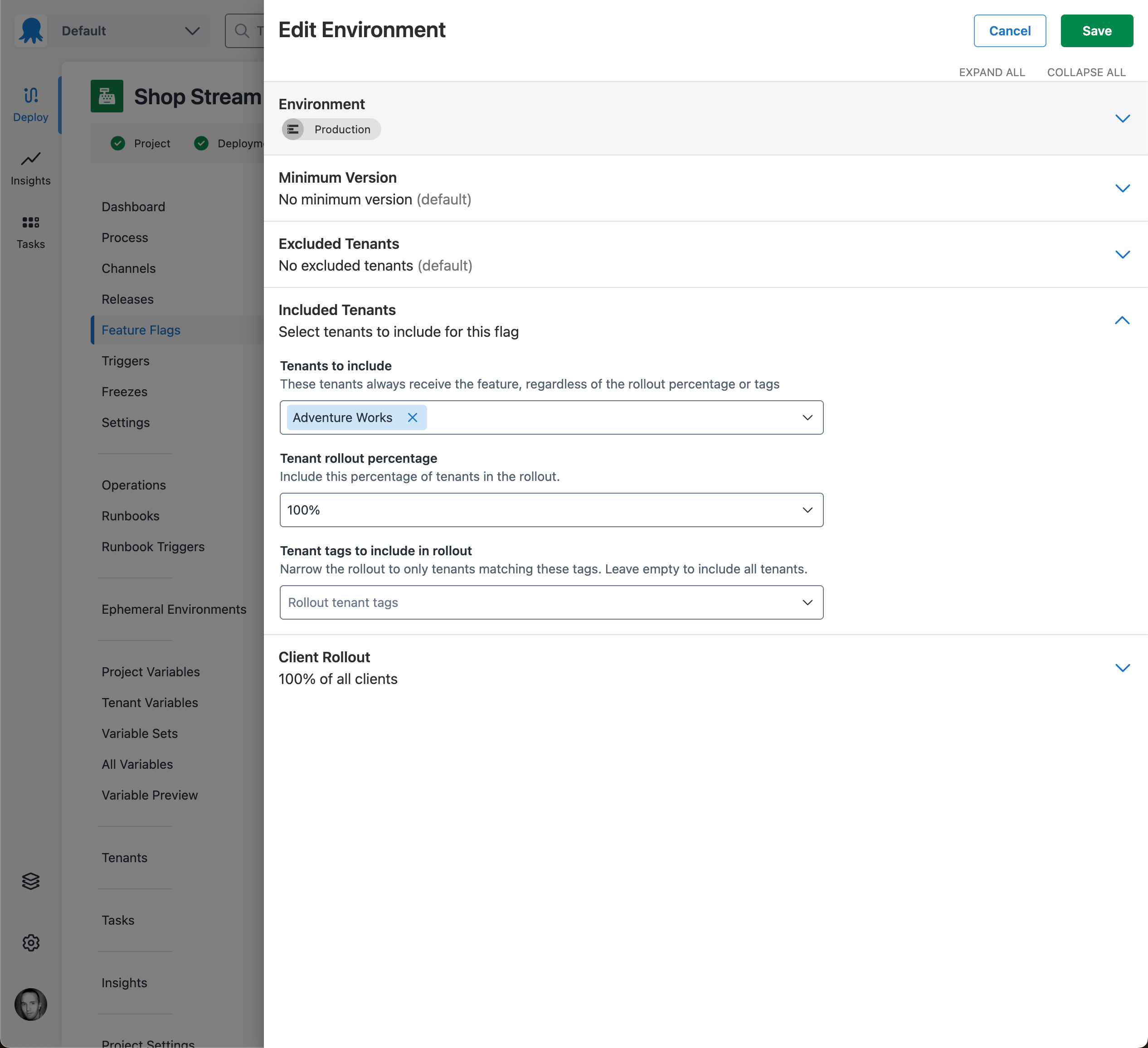Screenshot of feature flag environment drawer, included tenants section expanded, tenants to include multi-select has Acme Corporation selected, tenant rollout percentage and tenant tags to include in rollout inputs are empty