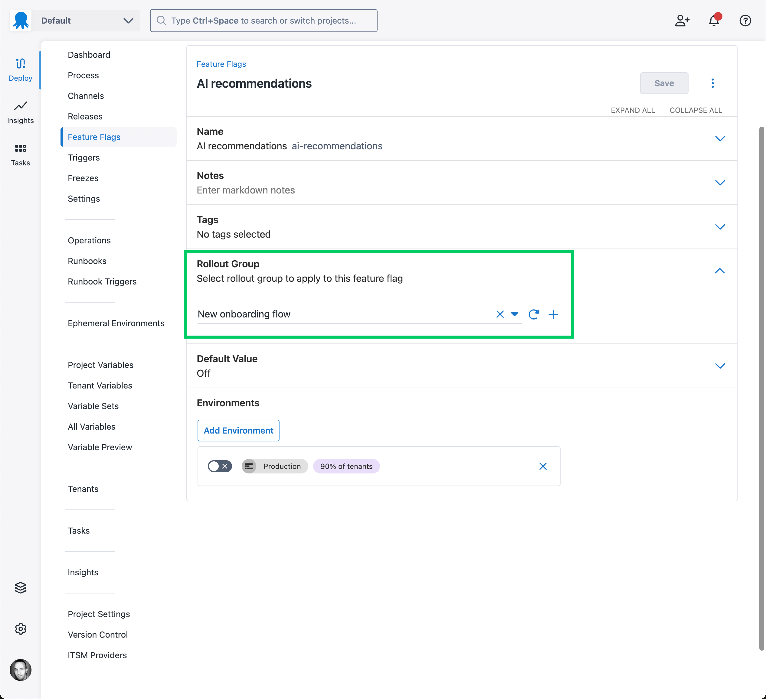 Screenshot of feature flag page showing rollout group selector expanded with new onboarding flow group selected