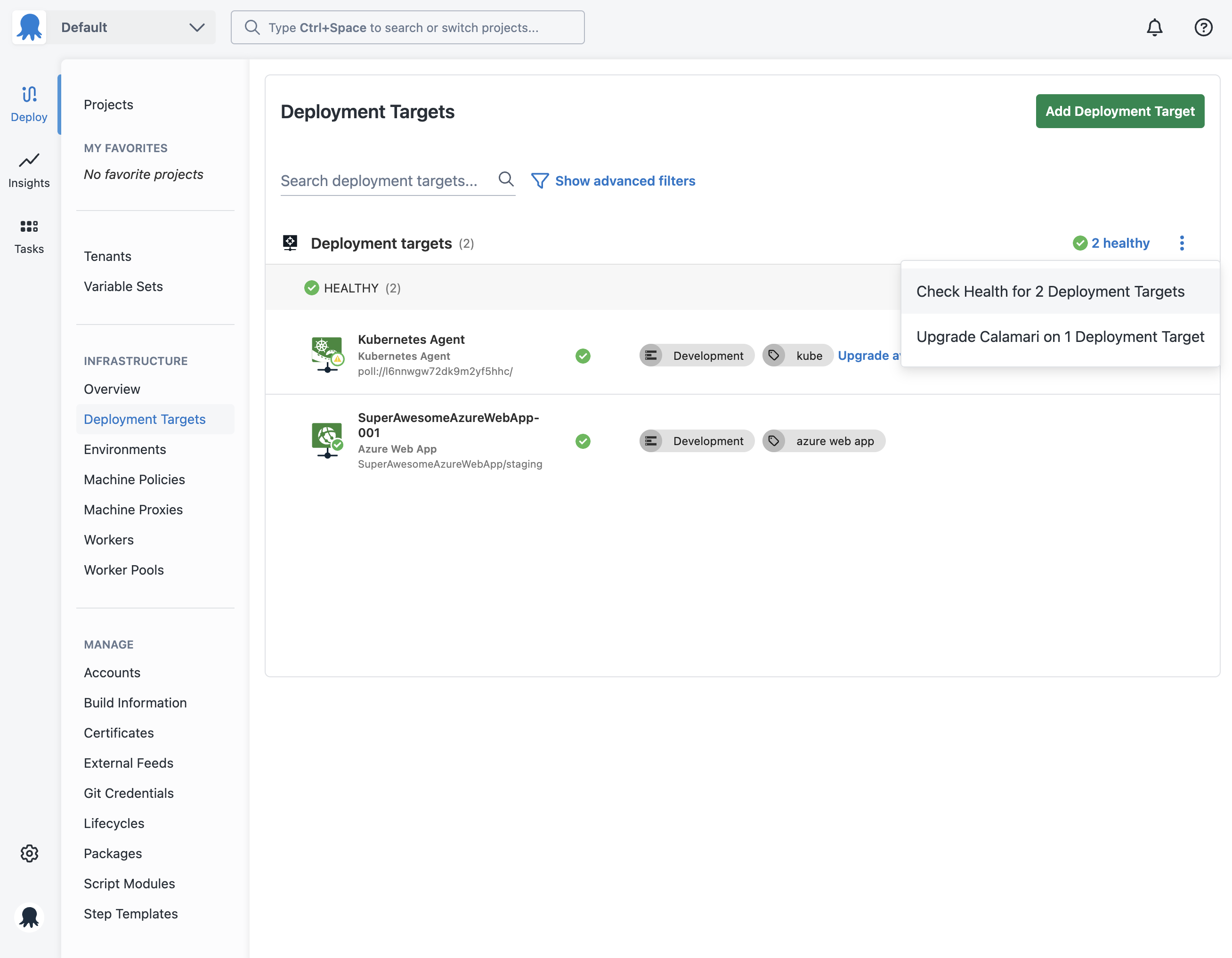 Check Health option in the deployment targets overflow menu