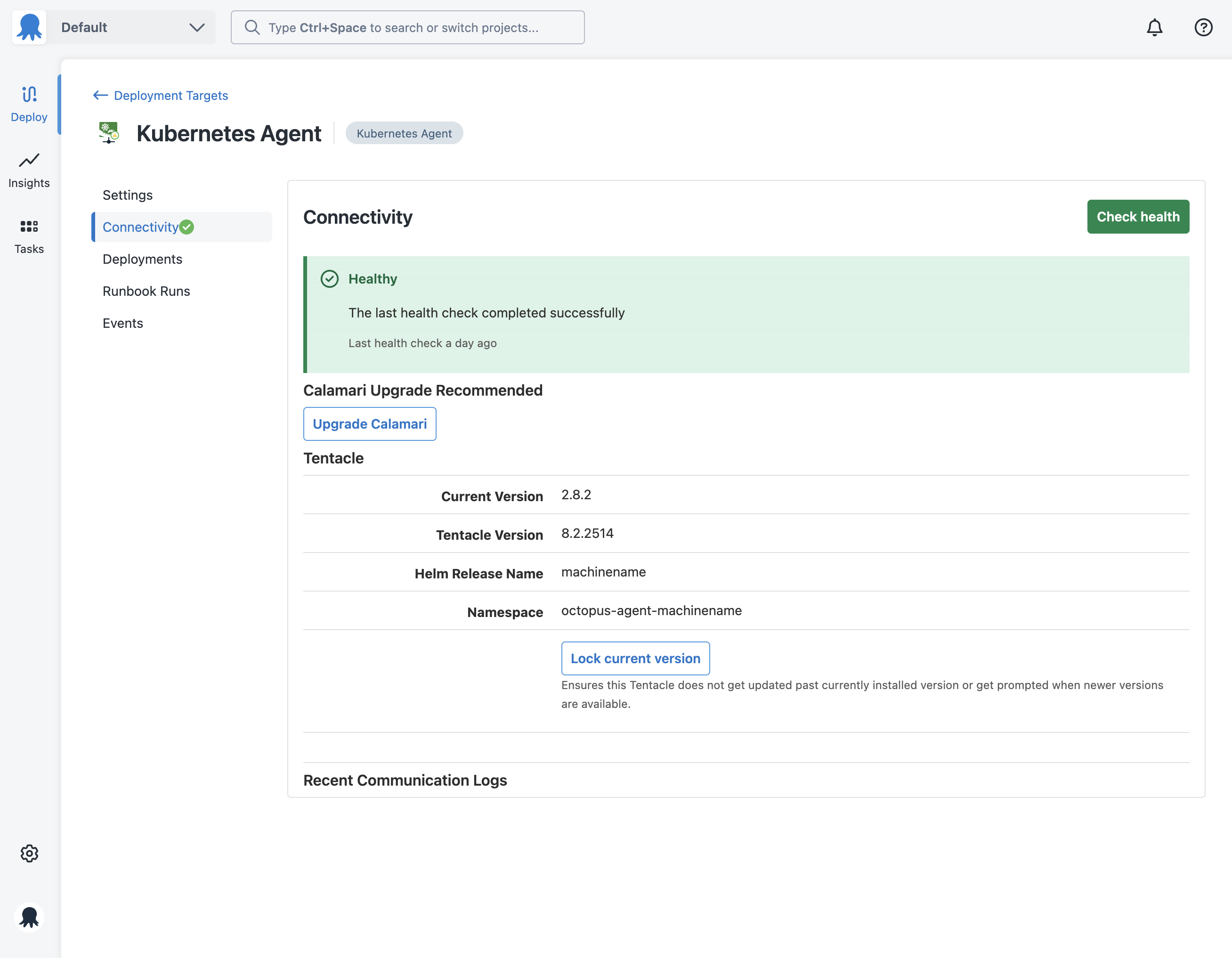 Check Health button on the deployment target Connectivity tab