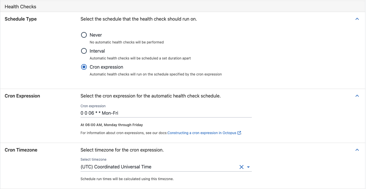 Health check schedule set to Cron expression