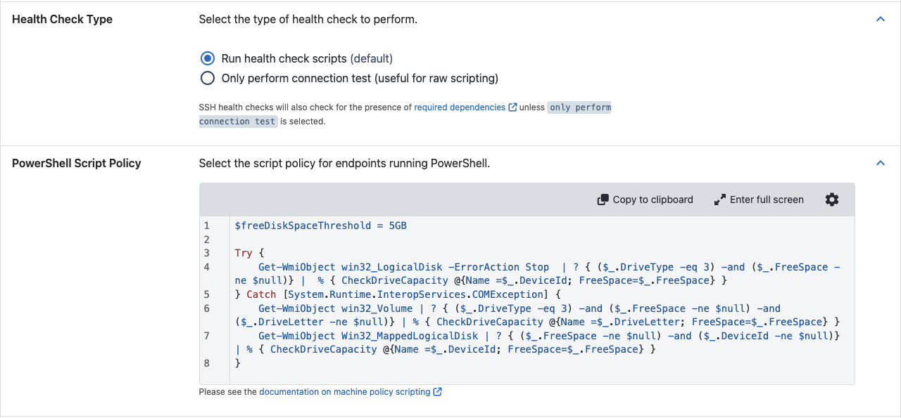 Health check type set to Run health check scripts