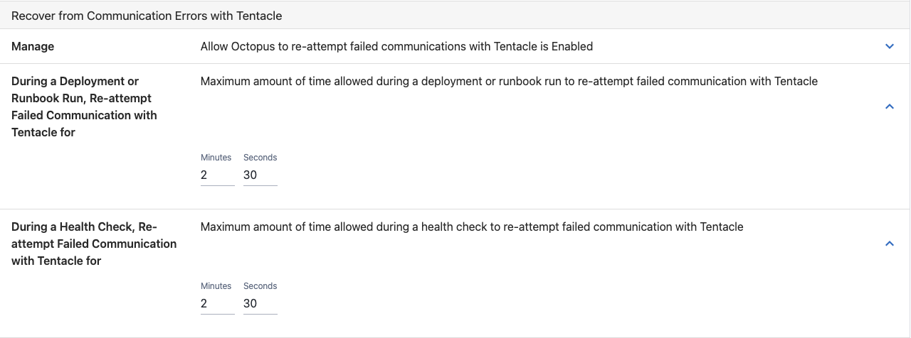 Retry duration settings for deployment, runbook run and health check
