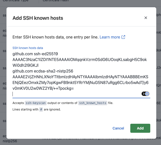 Adding SSH known hosts with a multi-line entry from ssh-keyscan