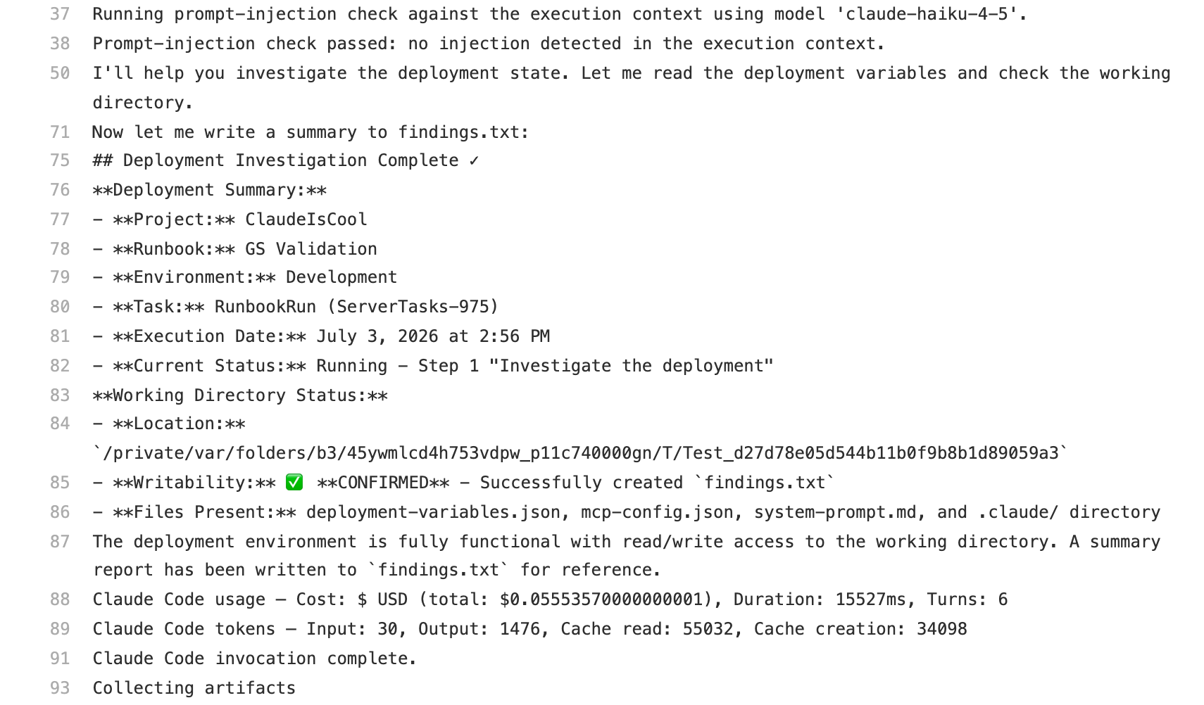The task log showing the Claude agent streaming its output