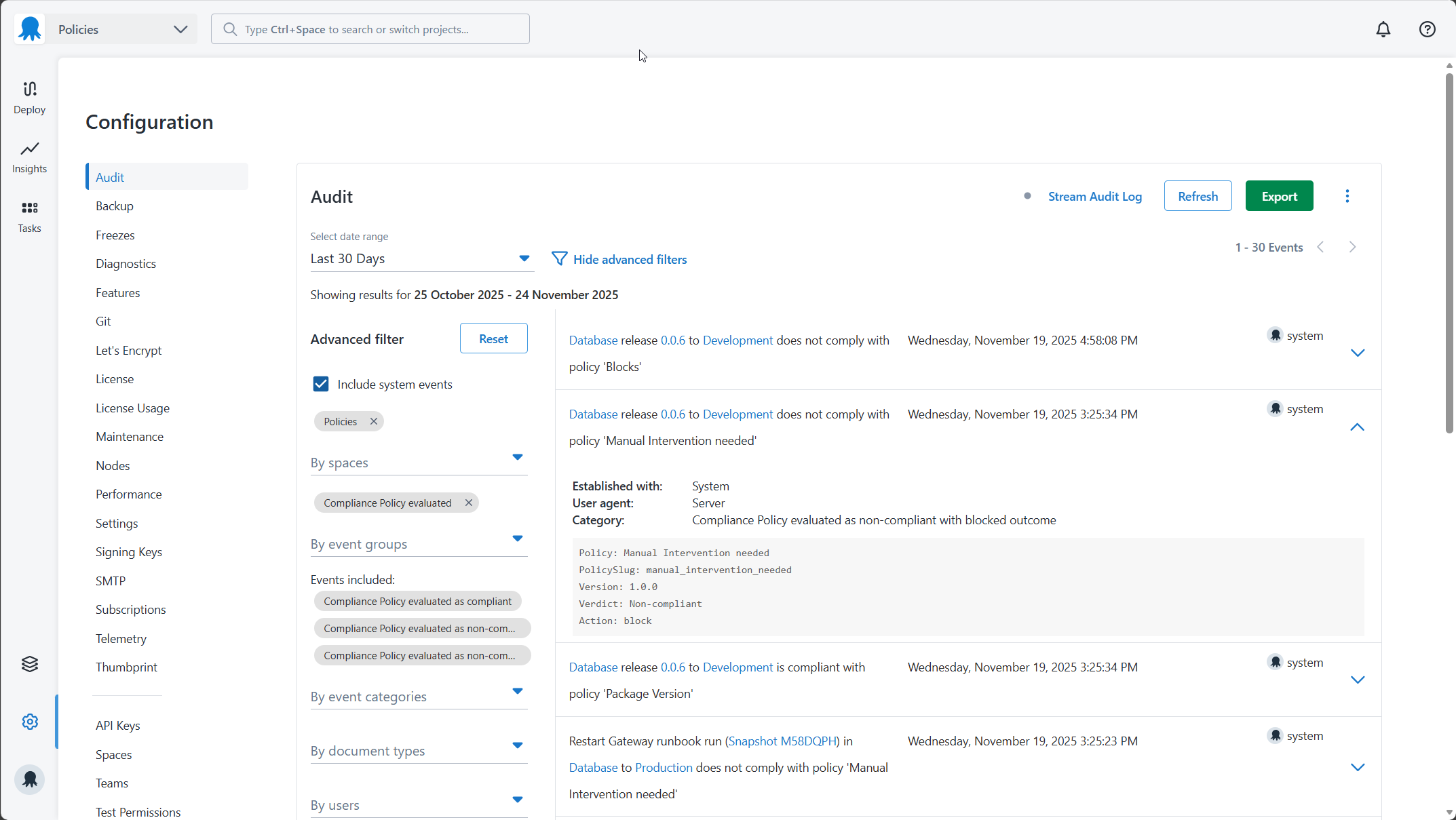 Audit log containing policy evaluation records