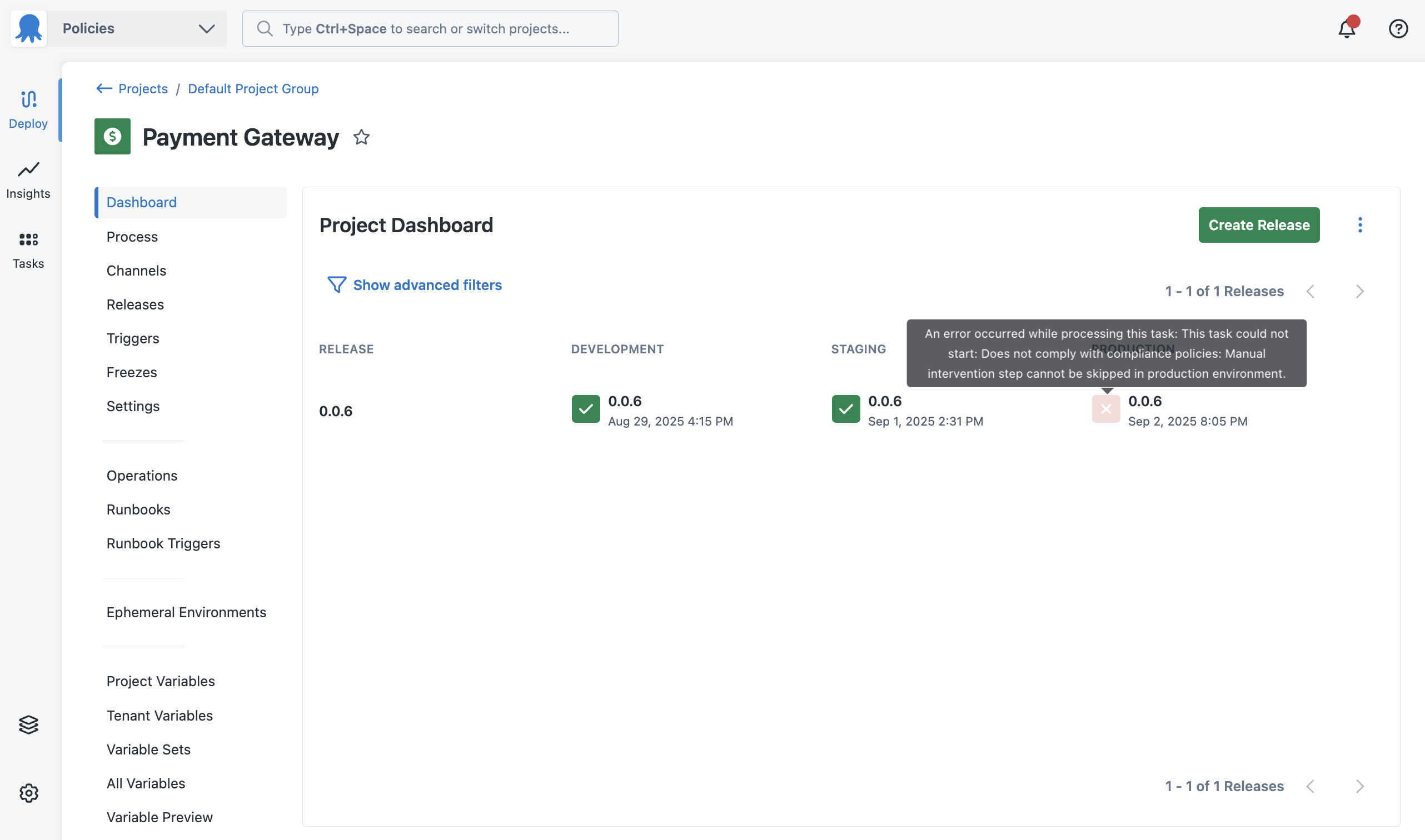 Project dashboard showing policy violation notifications