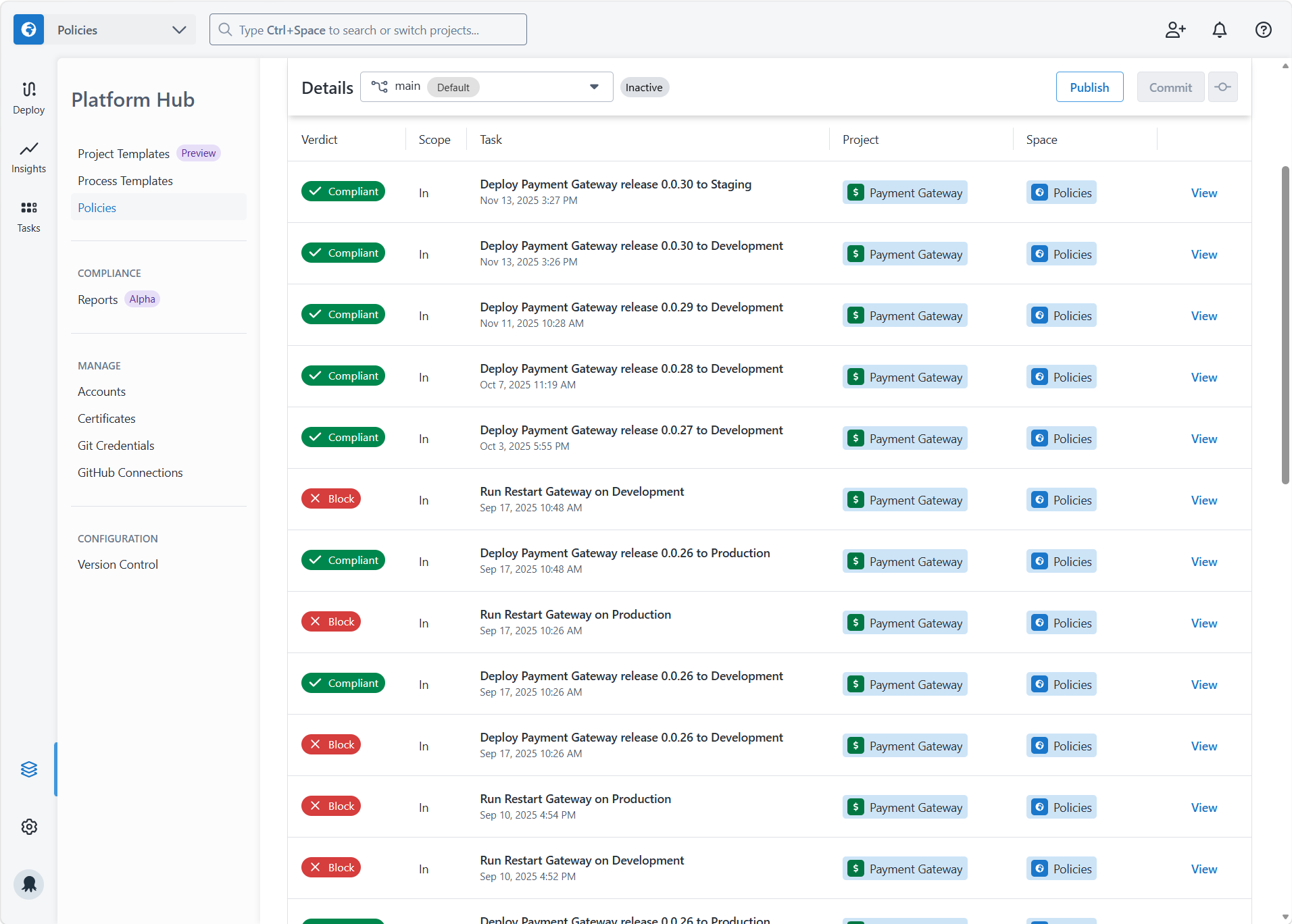 The Evaluations tab showing policy results against past executions