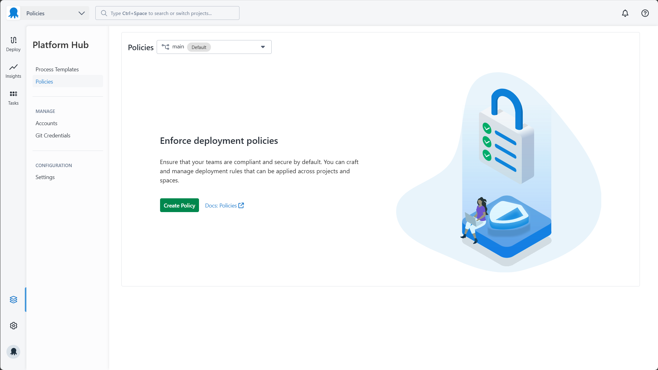 An empty policies list in the Platform Hub