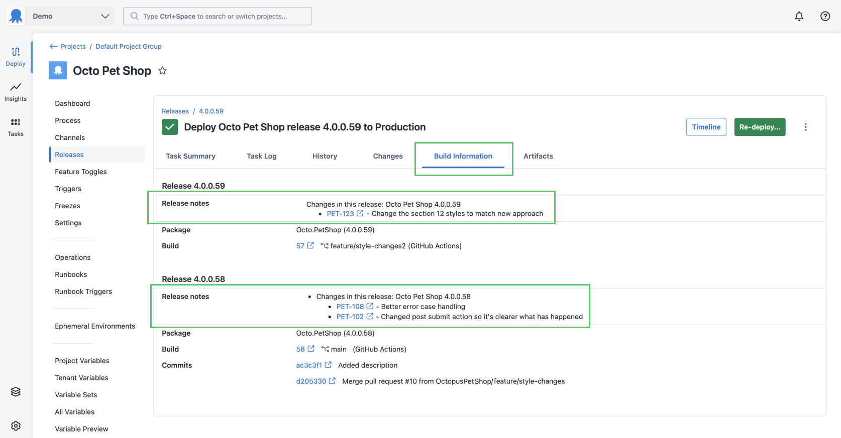 Octopus deployment with generated release notes