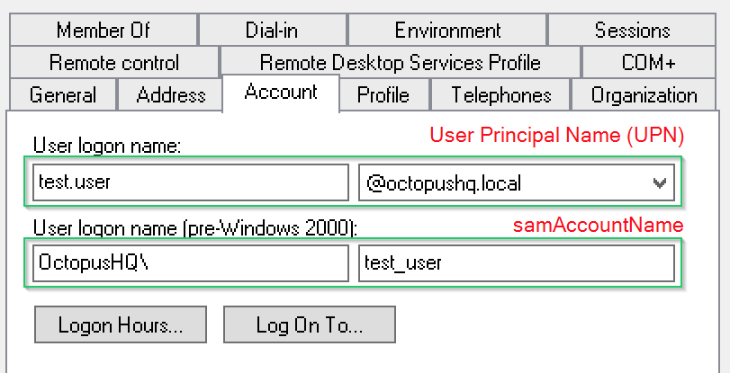 Active Directory user properties showing the Account tab