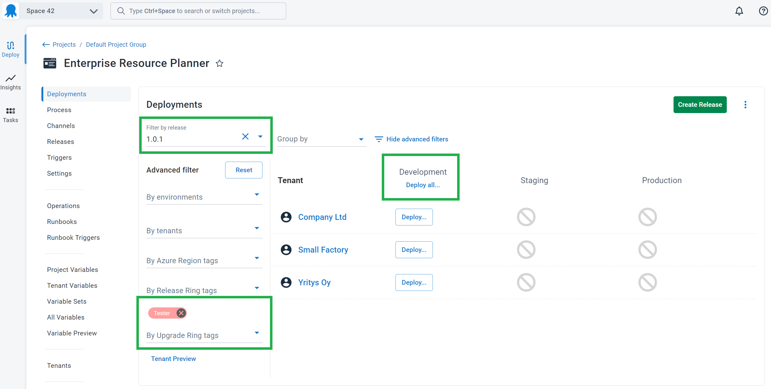 A screenshot showing how you can use the project dashboard to select tenants to deploy using a tenant tag